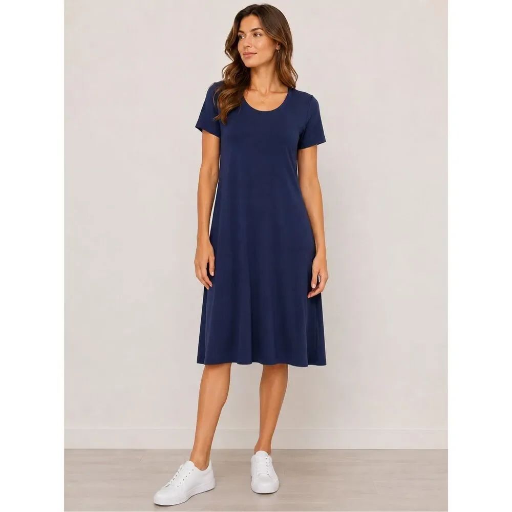 Womens Navy Blue Maxi Dress Short Sleeve A Line Stretch RN 87935 Size L Casual